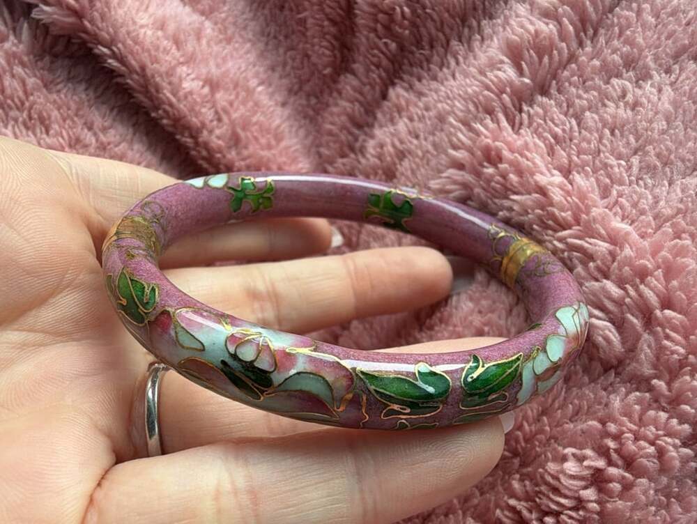 Vintage Cloisonne Enamel Hinged Bangle Bracelet Pink Green Floral